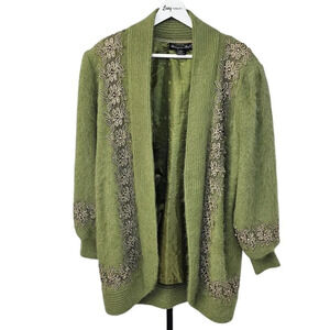 Vintage Angora Wool Blend Soft Beaded Embroidered Puff Sleeve Cardigan  Large